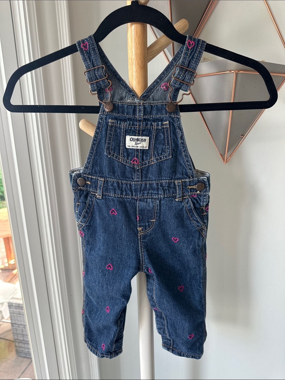 OshKosh B'gosh Baby Girl 9M Navy Blue Denim Jean Overalls Pink Heart Onesie Snap